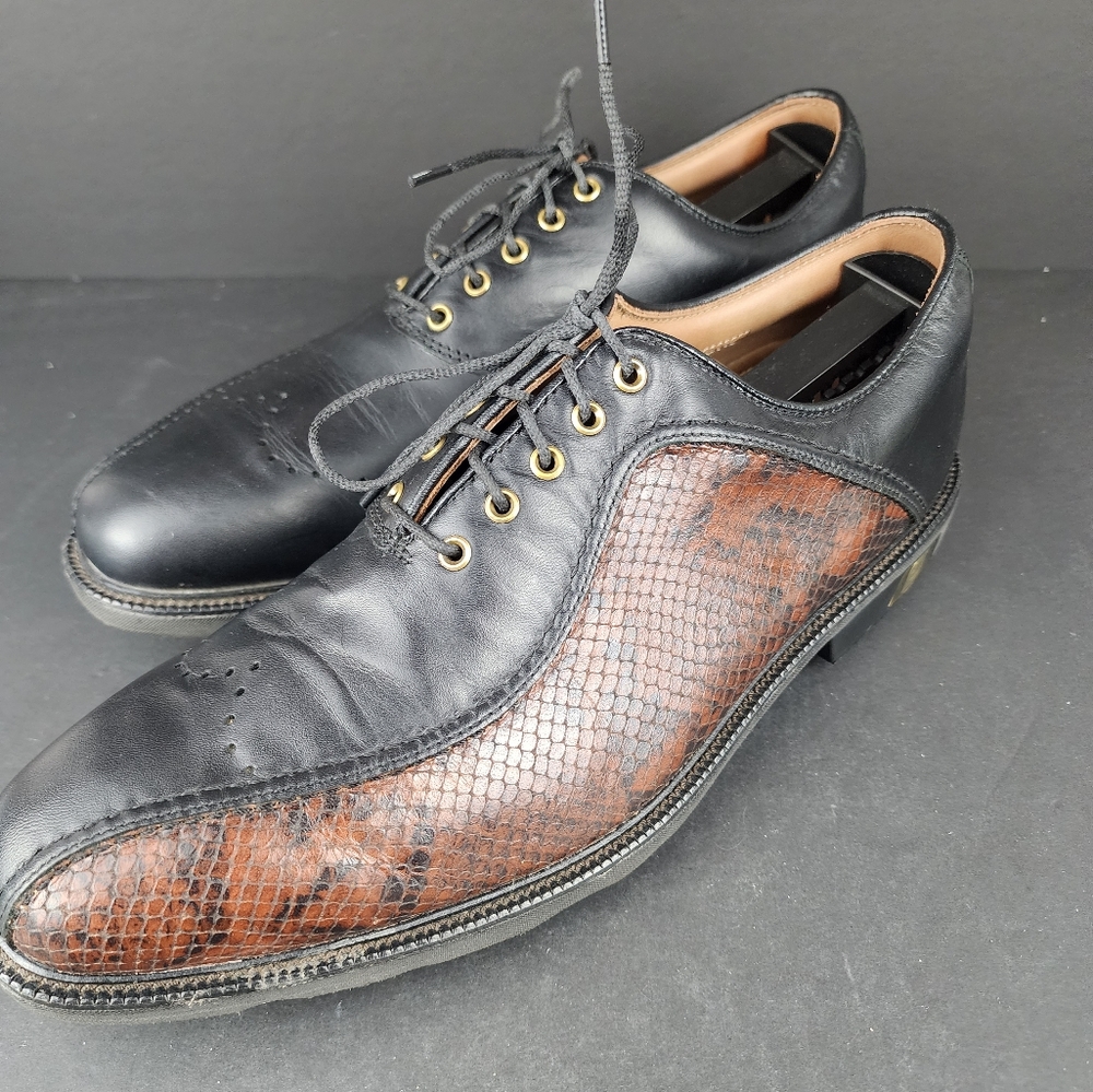 Footjoy FJ Icon Golf Shoes Black/Brown Snake Asymmetrical Sz: 10 US Men